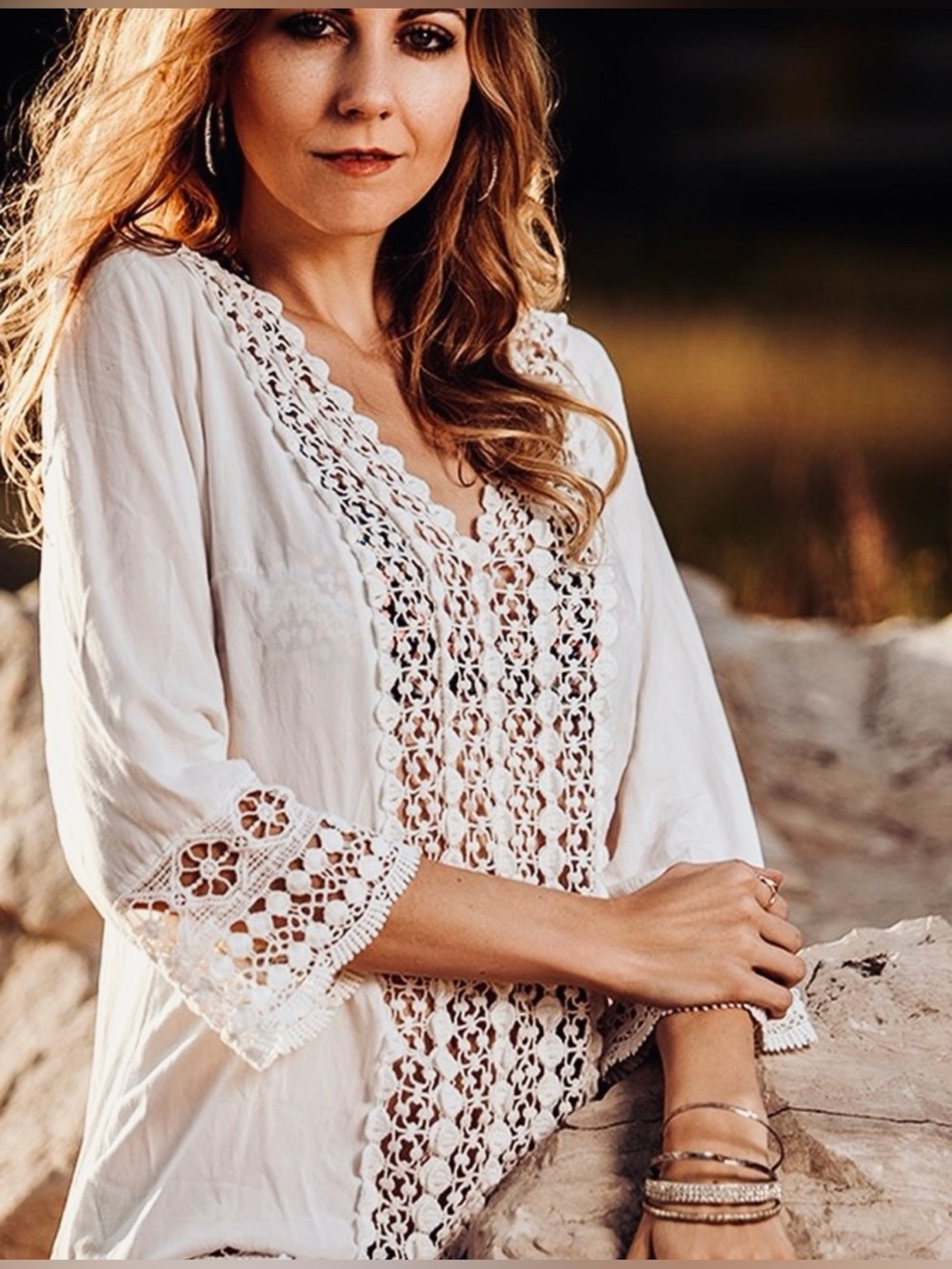 Solitaire Swim White Crochet-Trim Tunic Cover-Up Large